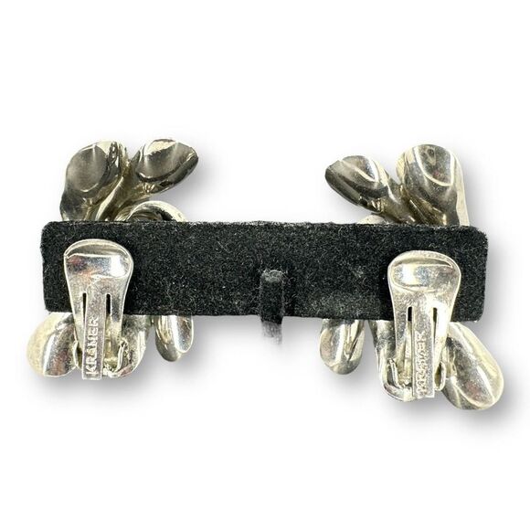 Vintage Kramer Clip-On Earrings Art Deco Textured Silver Plated - Picture 6 of 8